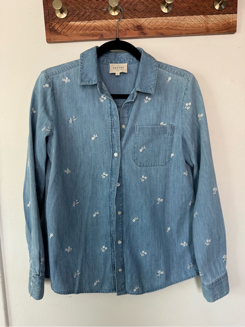 Sezane Light Blue Denim Button-Down Shirt with White Floral Embroidery